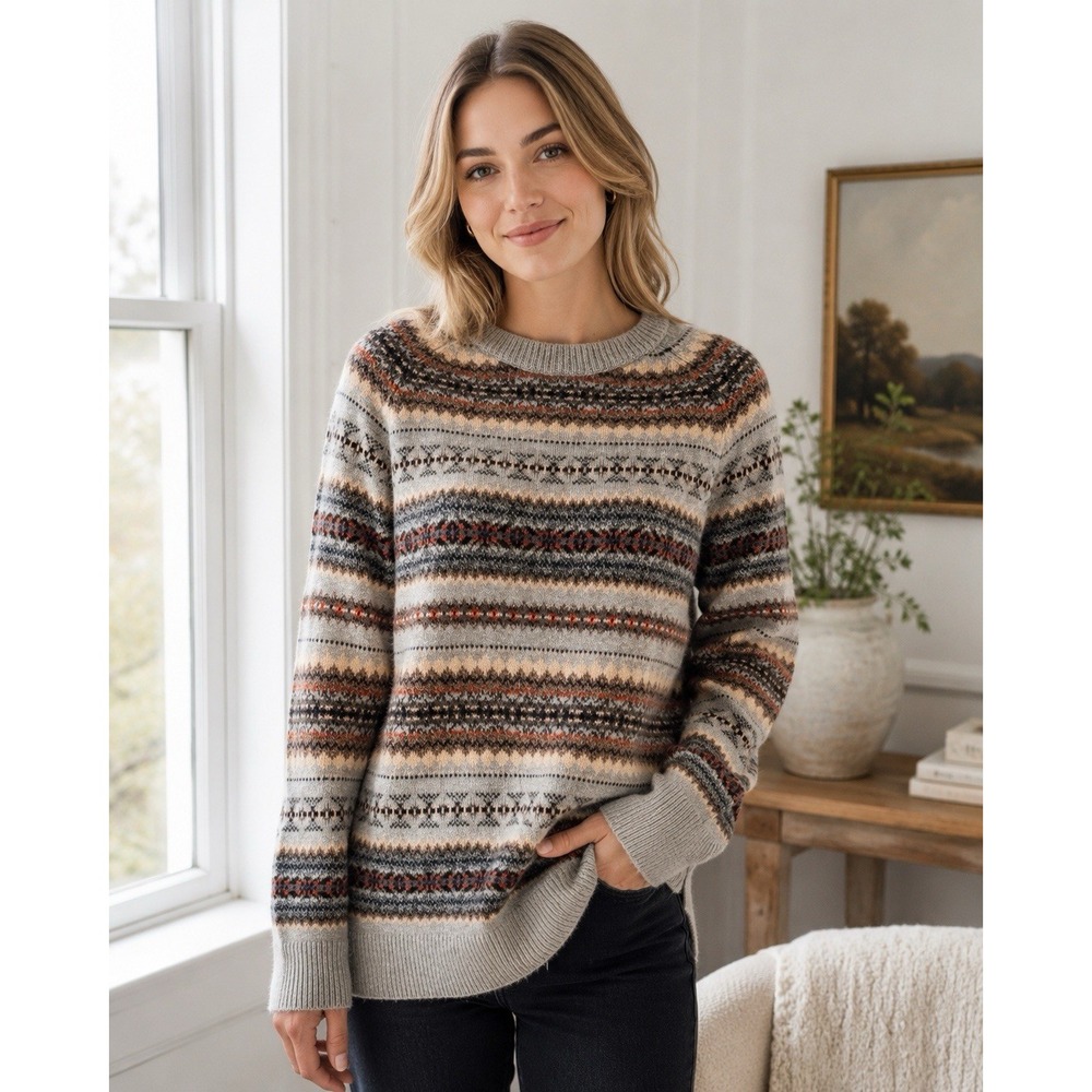 J Crew Sweater Womens M Fair Isle Lambswool Blend Gray Nordic Crewneck
